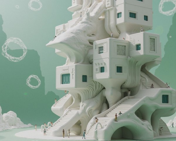 Surreal Organic Tower in Dreamy Green Landscape