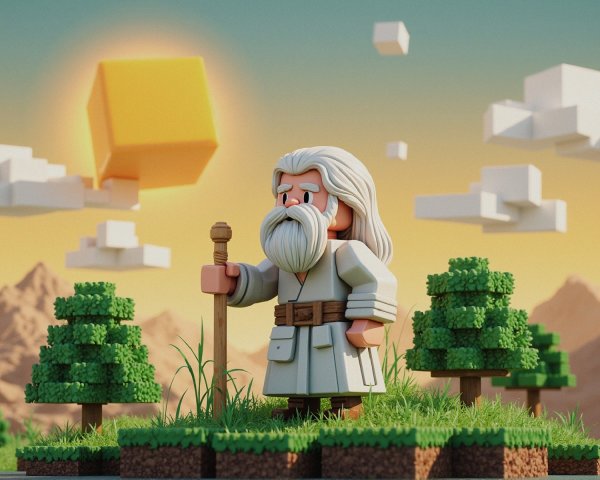 Whimsical Pixel-Art Scene of an Elderly Sage