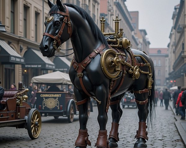 Black Mechanical Horse in Foggy Urban Street Scene