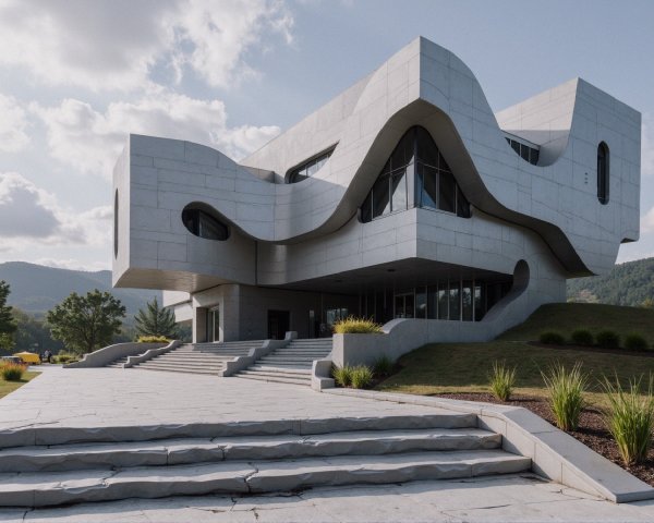 Modern Building with Wavy Concrete Facade and Hills