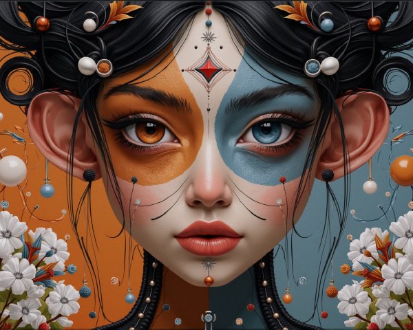 Portrait of a Woman with Split Face and Floral Patterns