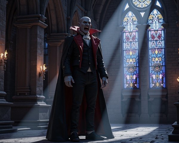 Gothic Castle Interior with Menacing Figure and Stained Glass