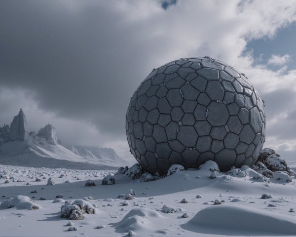 Spherical Structure on Snowy Landscape with Mountains