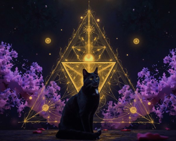 Black Cat with Geometric Design and Cherry Blossoms
