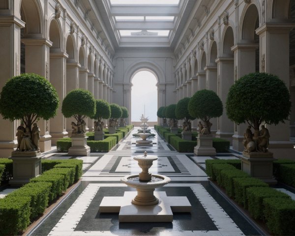 Grand colonnade with hedges, fountains, and sculptures