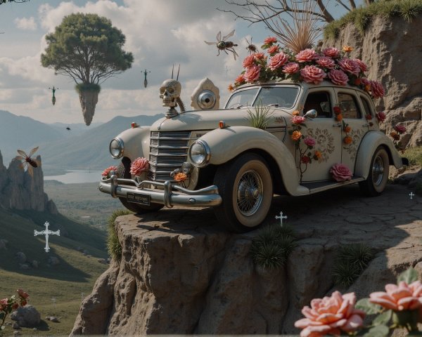 Vintage car with flowers and skulls on a cliff