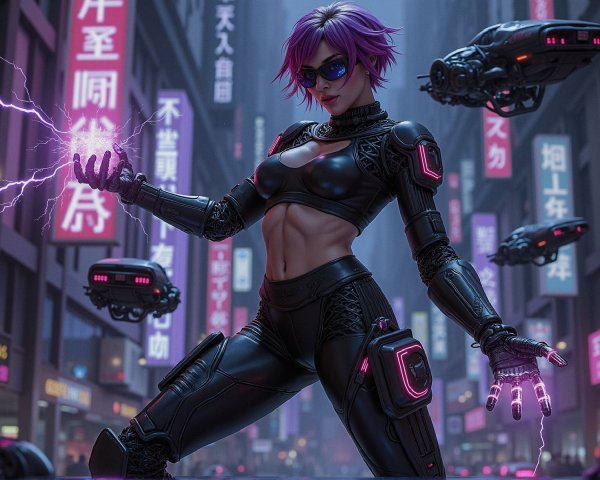 Cyberpunk Cityscape with Cybernetic Woman and Drones