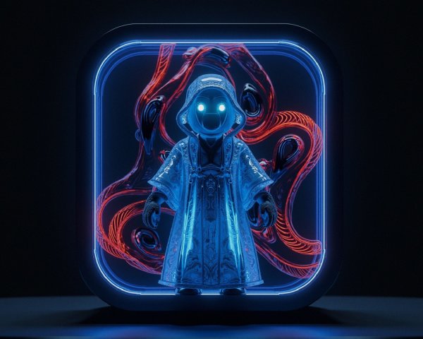 Stylized Figure in Futuristic Robe with Glowing Eyes