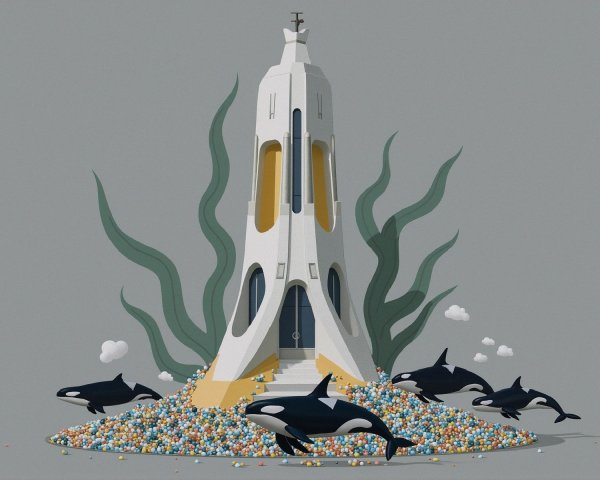 Futuristic Structure Amid Colorful Marine Life and Spheres
