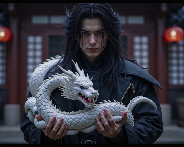 Young man with dragon statue by traditional building