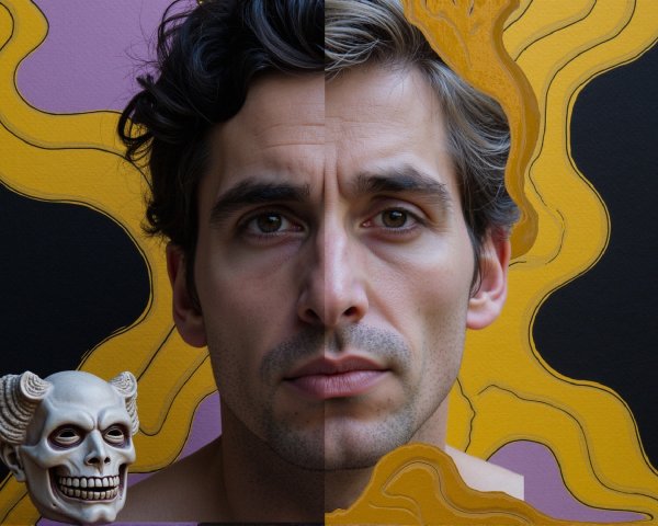Man's Face in Realistic and Abstract Contrast with Skull