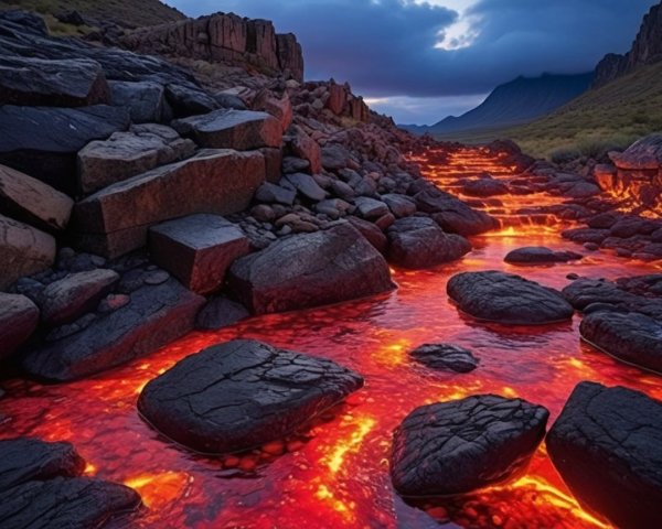 Molten Lava River in Dramatic Rocky Landscape