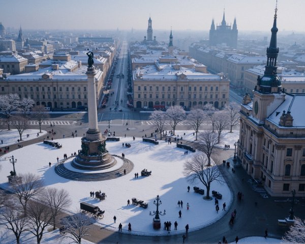 Snow-Covered Cityscape with Monument and Trees