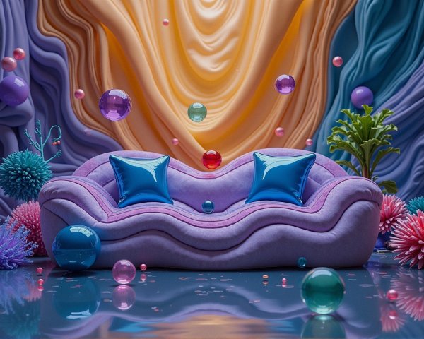 Vibrant Purple Sofa in a Colorful Surreal Setting