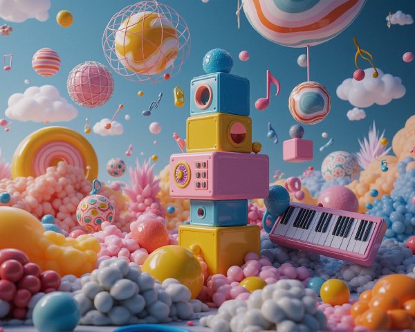 Whimsical Scene with Colorful Oversized Shapes