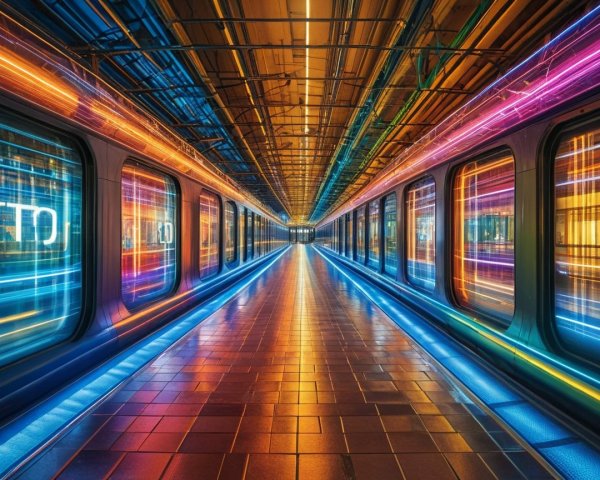 Futuristic Subway Station with Neon Lights and Graphics
