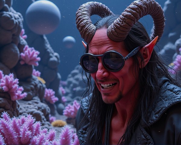 Horned Figure in Vibrant Underwater Landscape