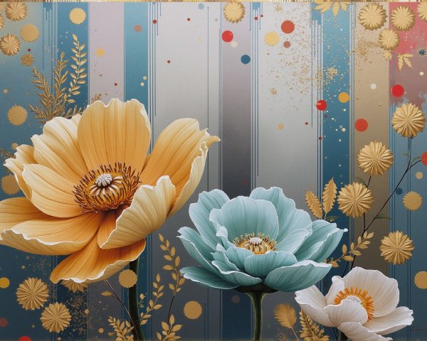 Vibrant Oversized Flowers with Golden Leaves and Patterns