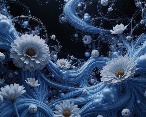 Vibrant Blue Strands with White Daisies and Spheres