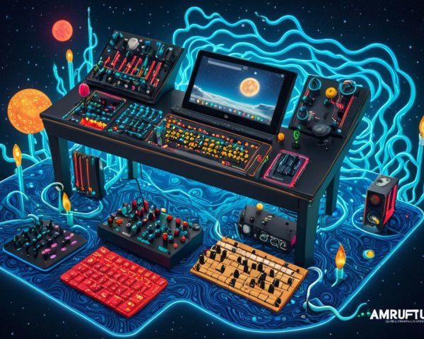 Futuristic Workspace with Colorful Gadgets and Neon Lights