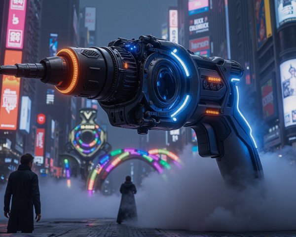 Futuristic Drill in Neon Cityscape with Mystery Atmosphere