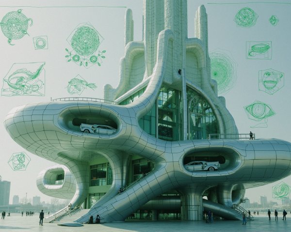 Futuristic building with organic design and metallic facade