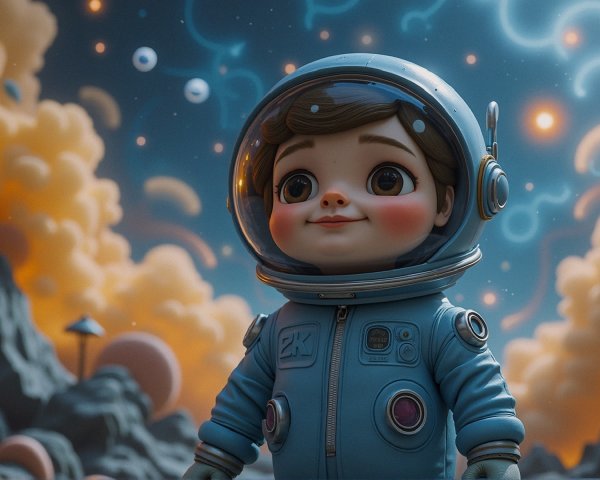 Cartoon Astronaut Child in Whimsical Cosmic Scene