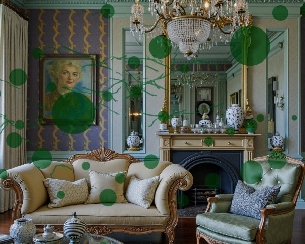 Vintage Living Room with Cream Sofa and Green Armchair
