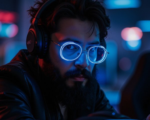 Man with Beard and Glasses in Neon-lit Setting