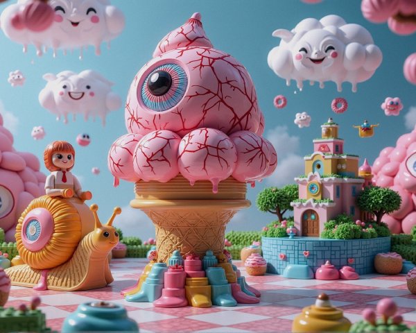 Whimsical Landscape with Ice Cream Cone and Snail