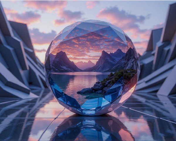 Crystal Sphere Reflecting Vibrant Sunset Landscape