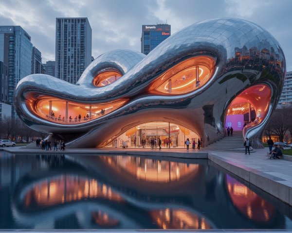 Futuristic Building with Organic Design and Reflections