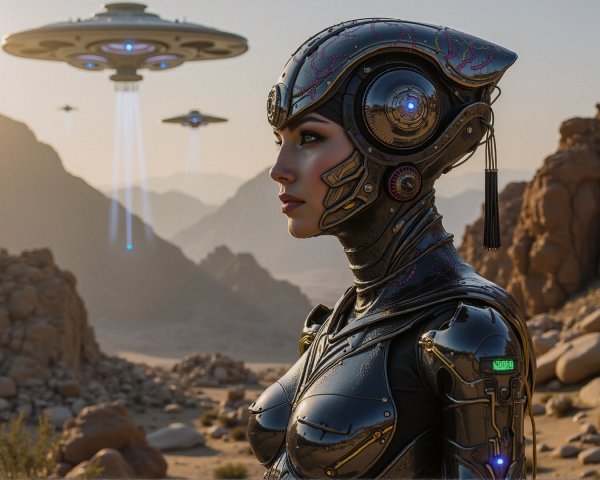 Futuristic Woman in Desert with UFOs and Armor