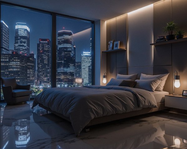 Modern Bedroom with City Skyline and Elegant Decor