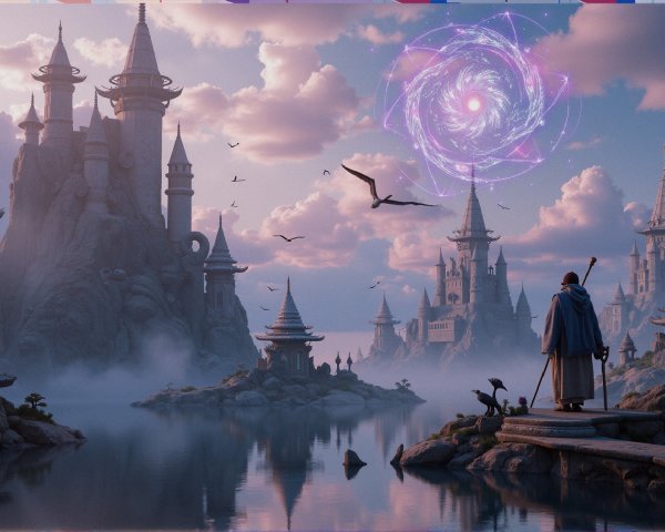 Mystical Landscape with Castles and Ethereal Portal