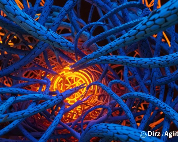 Intricate Network of Blue and Purple Tendrils with Sphere
