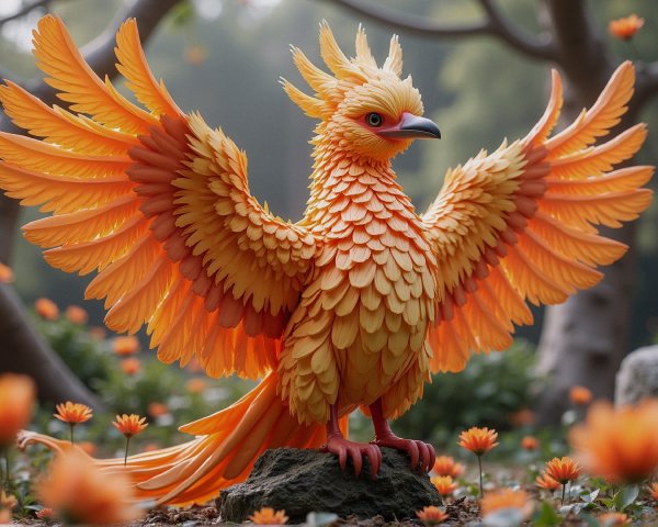 Majestic mythical bird in a garden of orange flowers