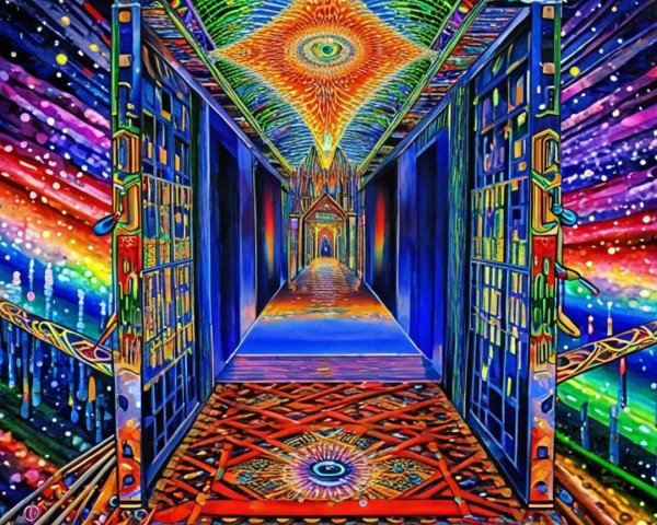 Surreal Infinite Hallway with Cosmic Gates and Patterns