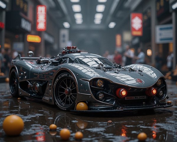 Futuristic Car Design in Industrial Setting with Oranges
