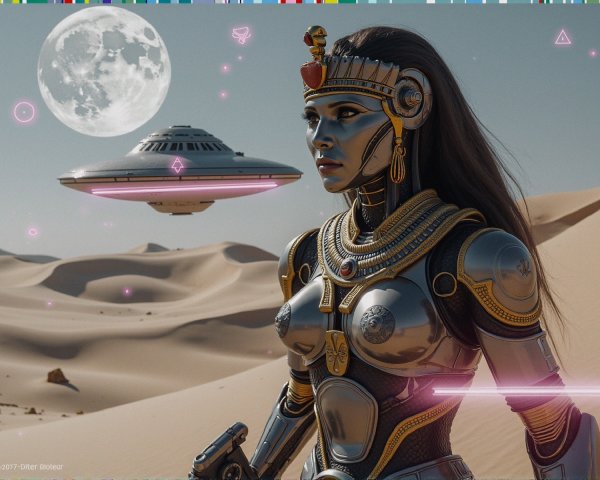 Futuristic Landscape with Robotic Woman and UFO