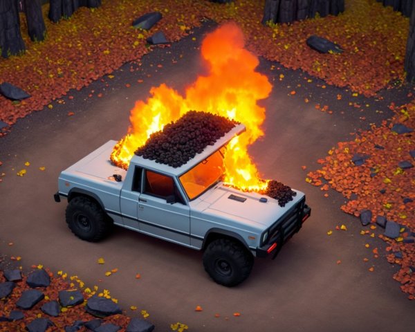 White Pickup Truck on Fire in Autumn Forest Clearing