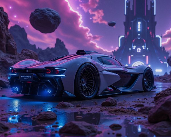 Futuristic Sports Car in Alien Landscape with Glow