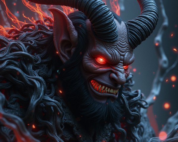 Menacing figure with horns and glowing red eyes