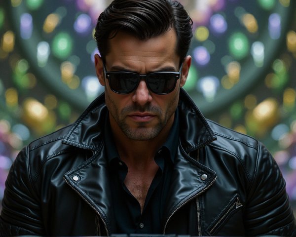 Confident Man in Black Jacket Against Abstract Background