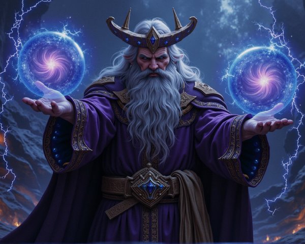 Powerful wizard with glowing orbs in stormy skies