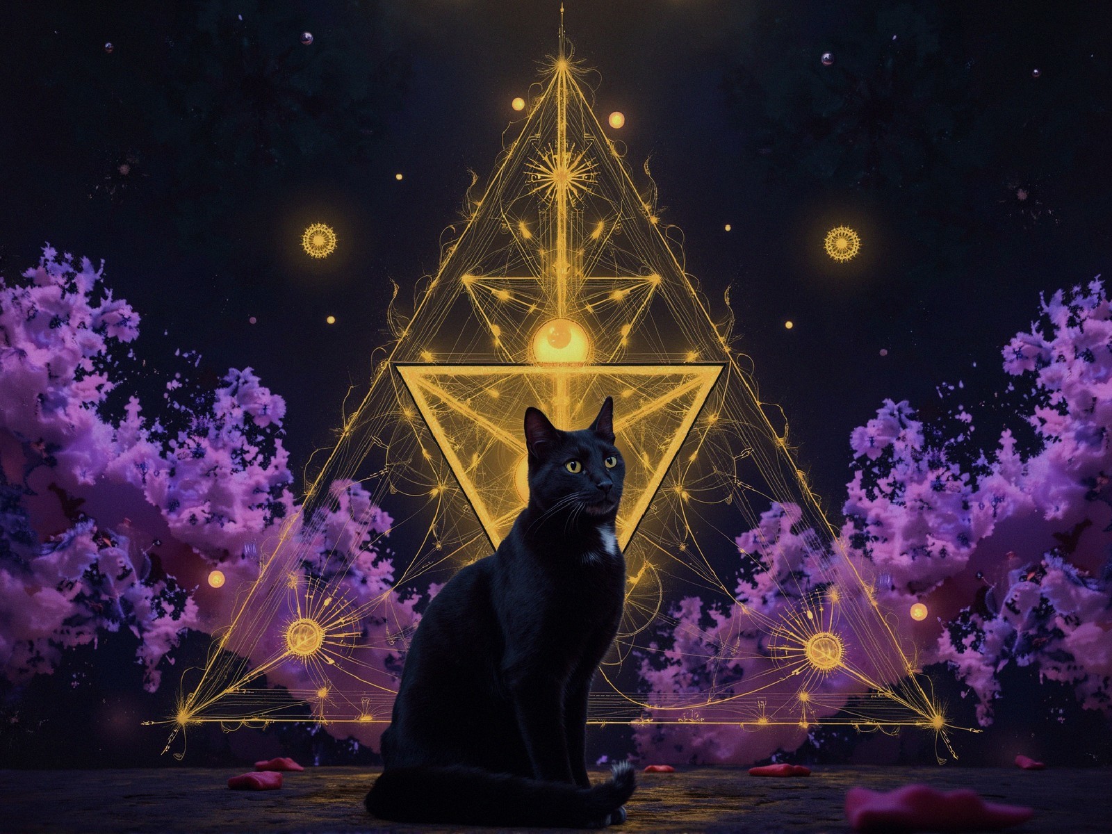 Black Cat with Geometric Design and Cherry Blossoms