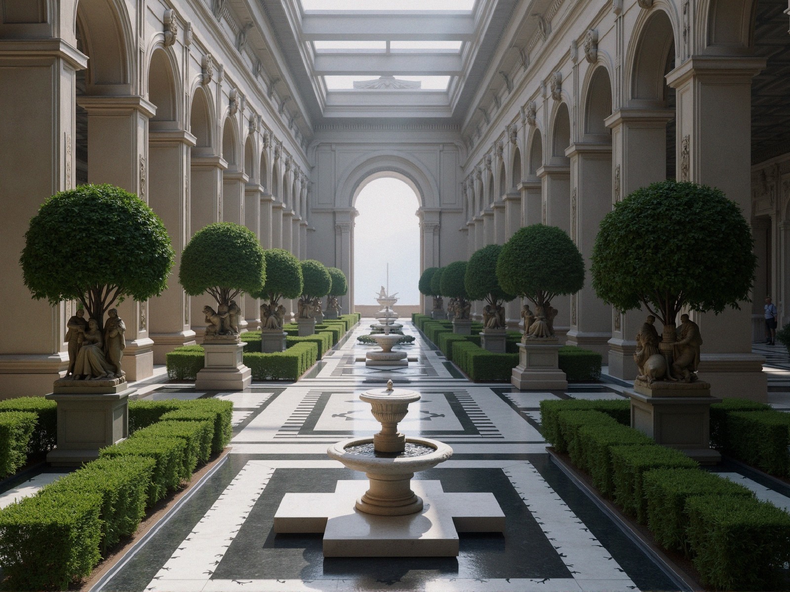 Grand colonnade with hedges, fountains, and sculptures