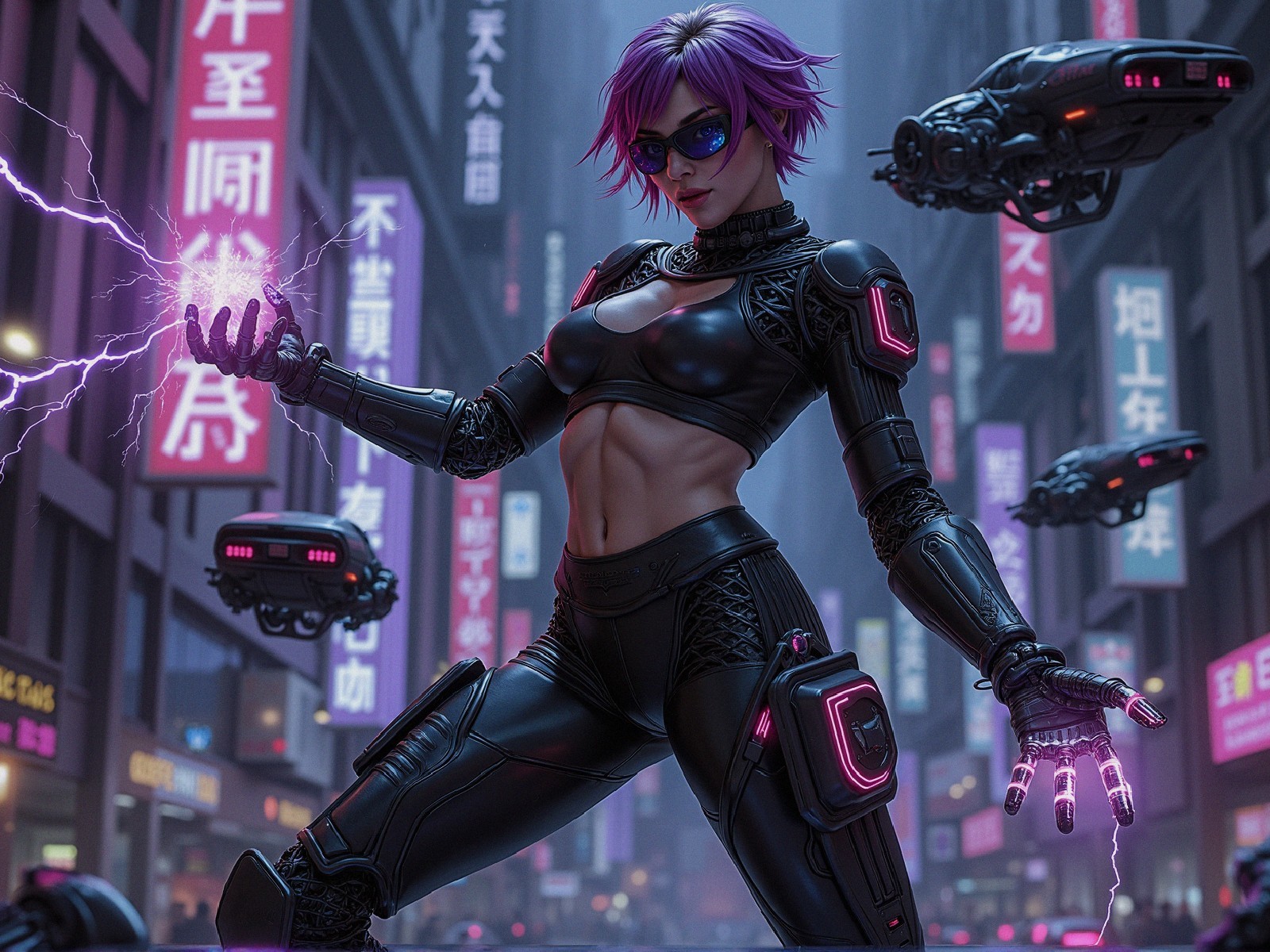 Cyberpunk Cityscape with Cybernetic Woman and Drones