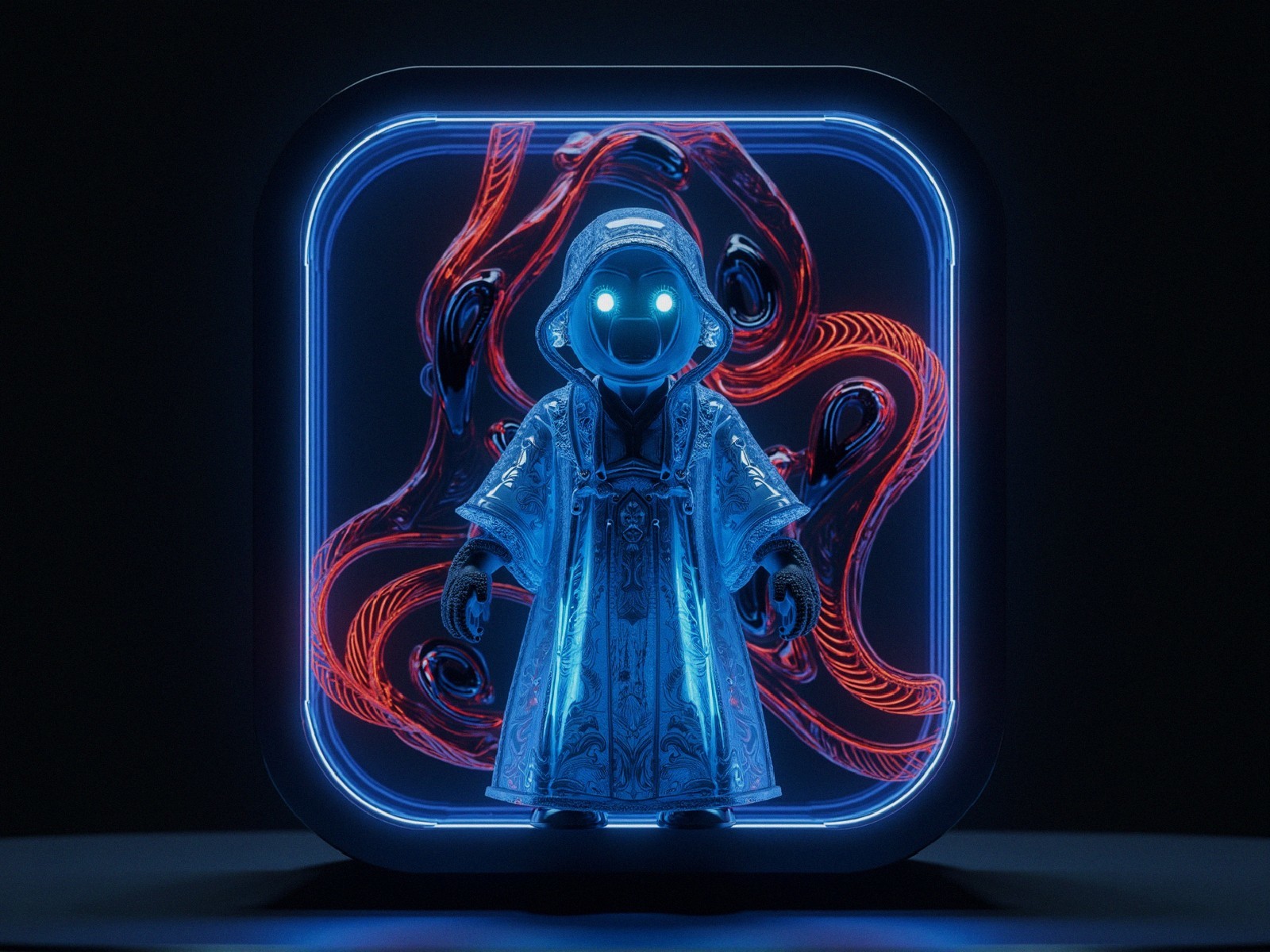 Stylized Figure in Futuristic Robe with Glowing Eyes