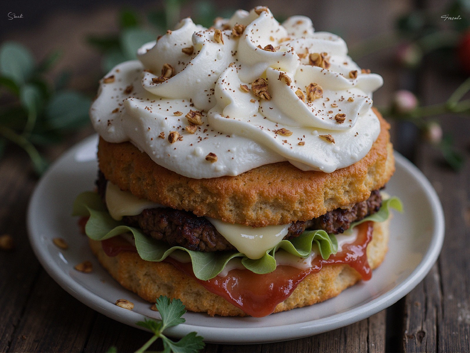 Visually Stunning Sandwich with Beef and Whipped Topping